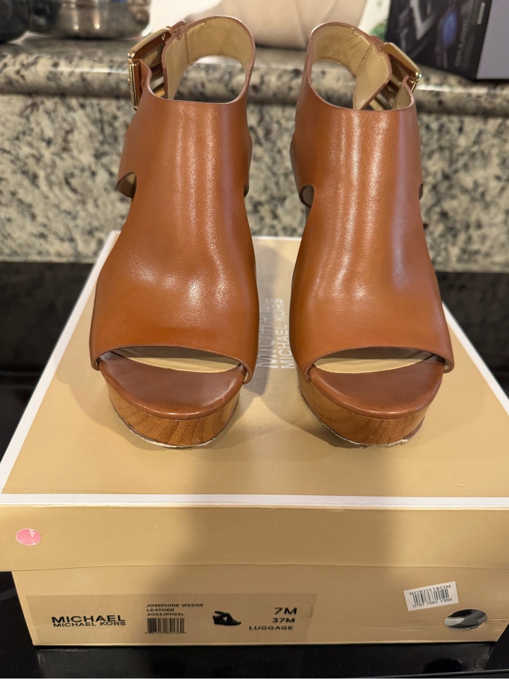 Michael Kors Luggage Brown Leather Platform Wedge Sandals